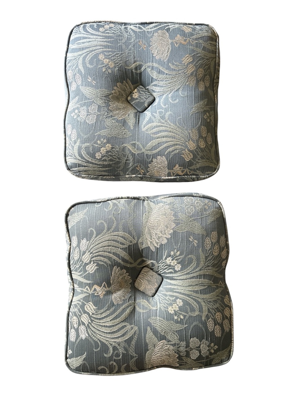 Set of 2 Elegant Floral Tufted Seat Cushions in Slate Blue and Beige